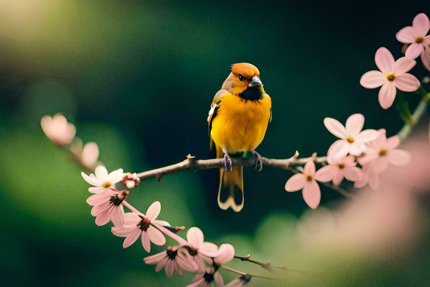 uma pássaro é empoleirado em uma ramo com Rosa flores gerado por IA foto