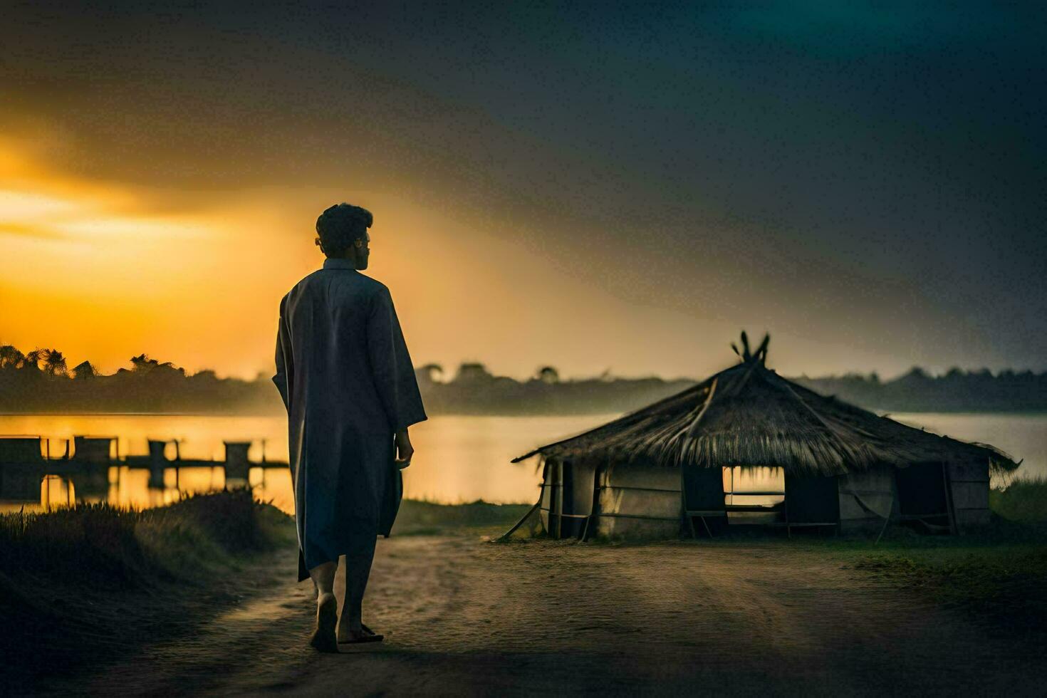 uma homem anda em para uma cabana às pôr do sol. gerado por IA foto