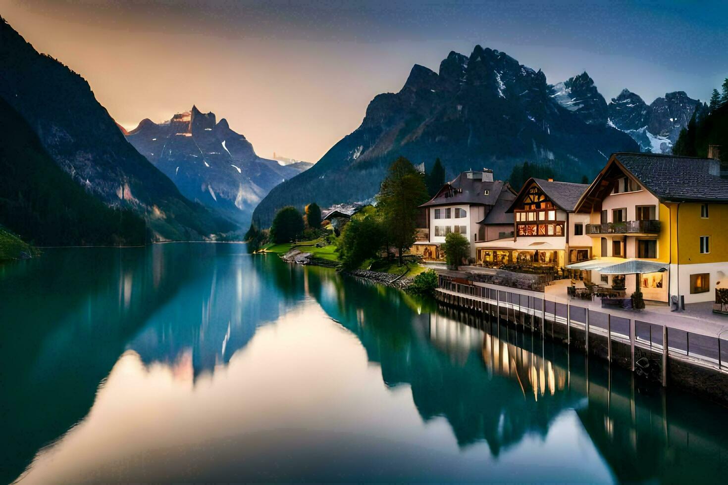 uma lago e montanha alcance dentro a fundo. gerado por IA foto