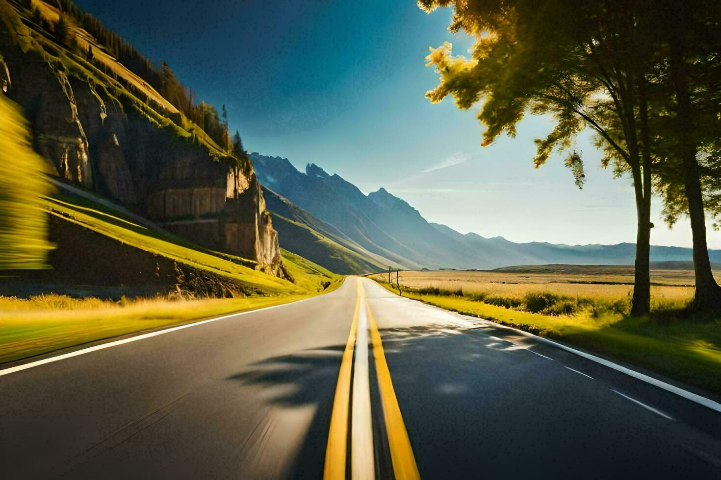 uma estrada dentro a montanhas com árvores e montanhas dentro a fundo. gerado por IA foto