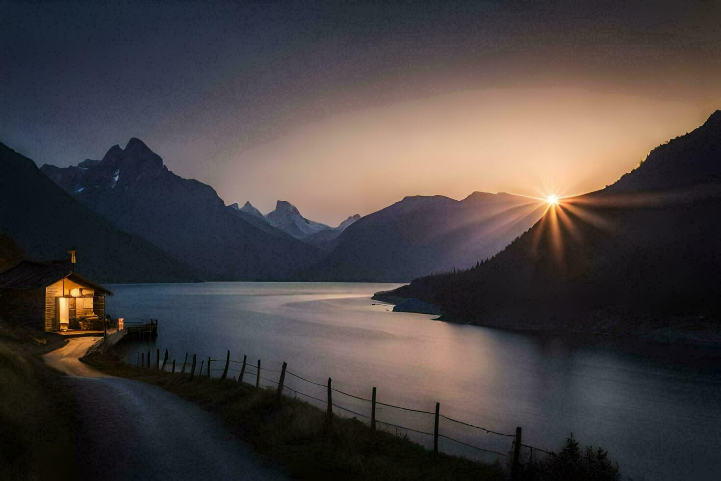 uma cabine senta em a lado do uma montanha negligenciar uma lago. gerado por IA foto