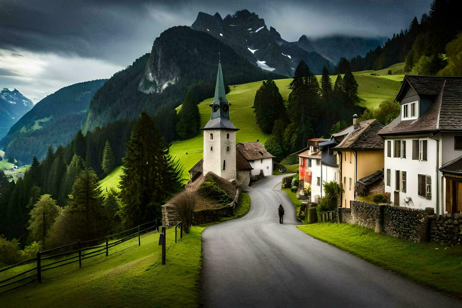 uma estrada dentro a montanhas com casas e uma igreja. gerado por IA foto