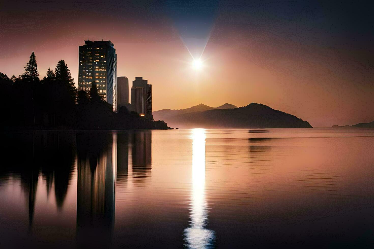 a Sol é configuração sobre uma lago com edifícios dentro a fundo. gerado por IA foto