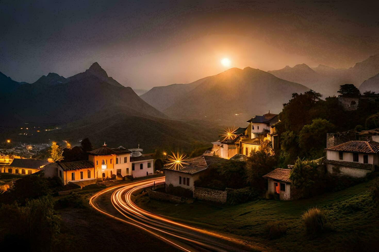 foto papel de parede a céu, montanhas, estrada, a Vila, a sol, a montanhas, o. gerado por IA