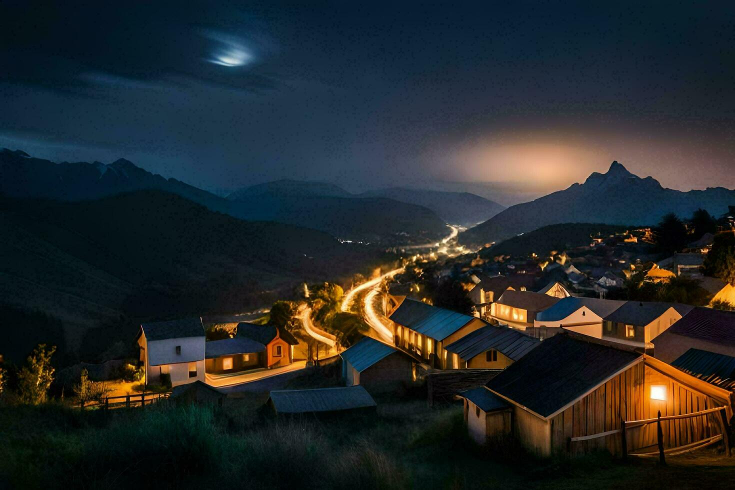 uma Vila às noite com uma cheio lua. gerado por IA foto