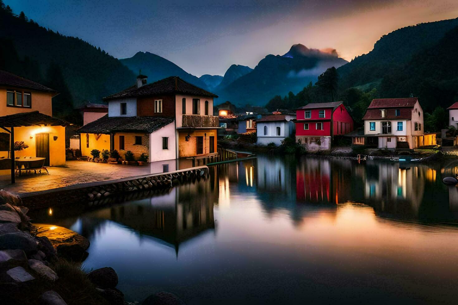 foto papel de parede a céu, montanhas, lago, casas, a noite, a montanhas, a lago. gerado por IA