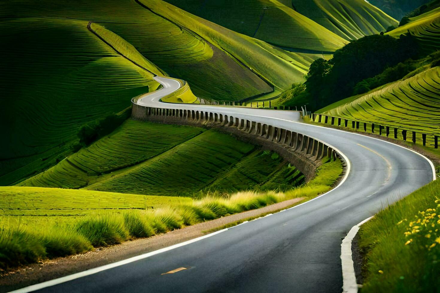 uma enrolamento estrada dentro a meio do verde colinas. gerado por IA foto