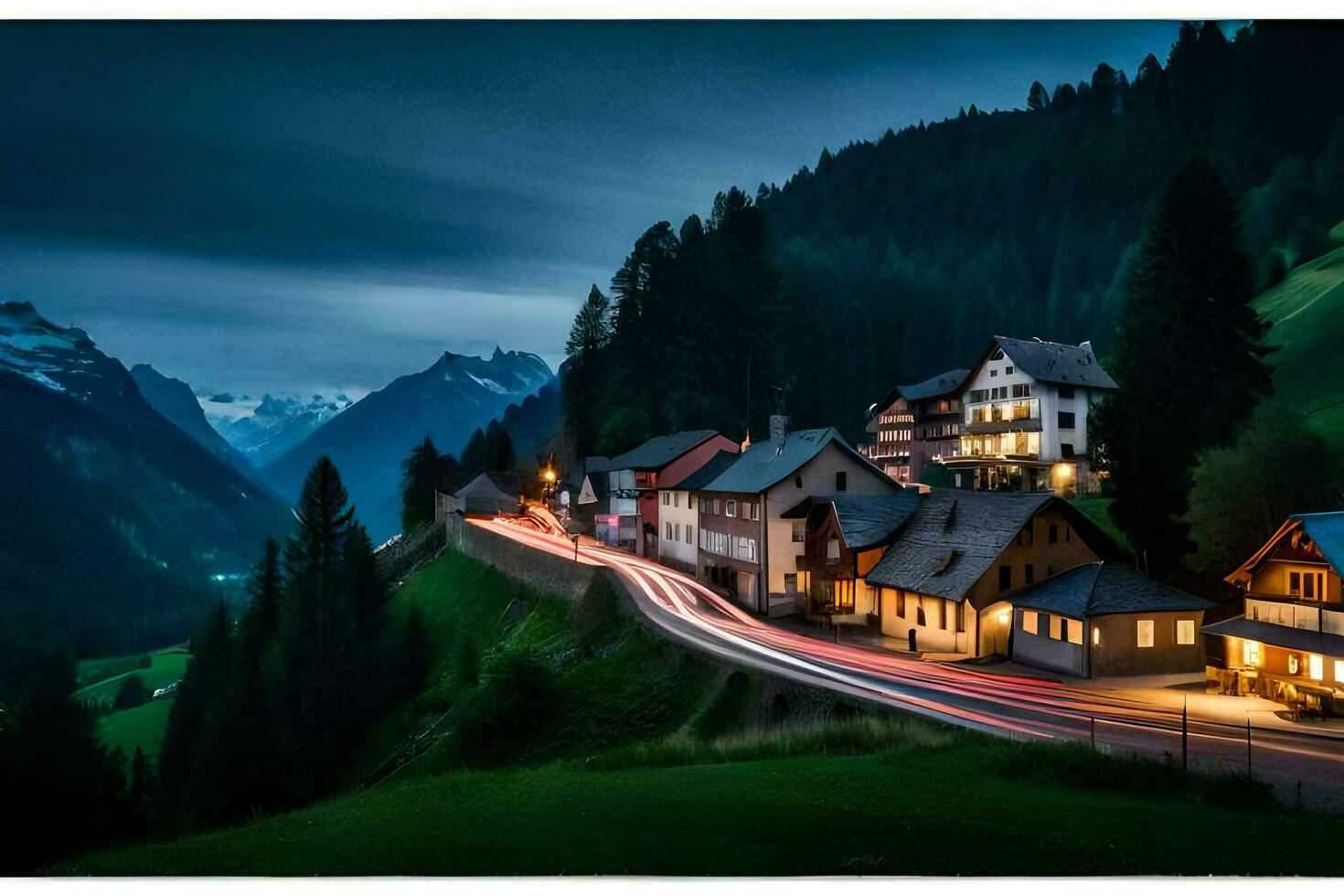 uma Cidade dentro a montanhas às noite com uma grandes exposição. gerado por IA foto