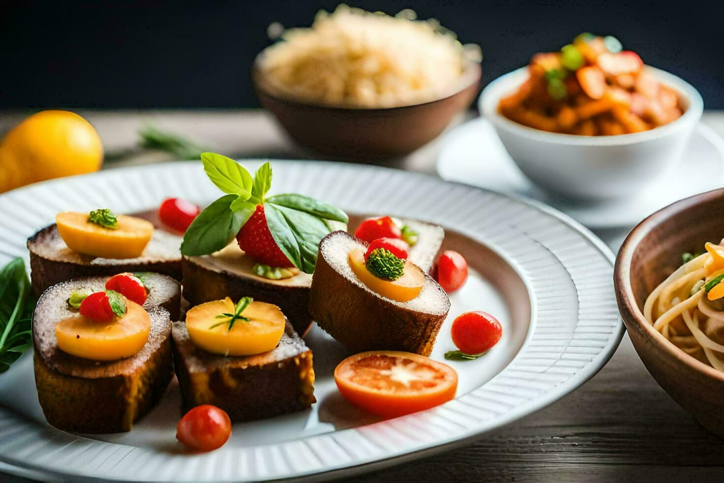 uma prato do Comida com carne, legumes e massa. gerado por IA foto