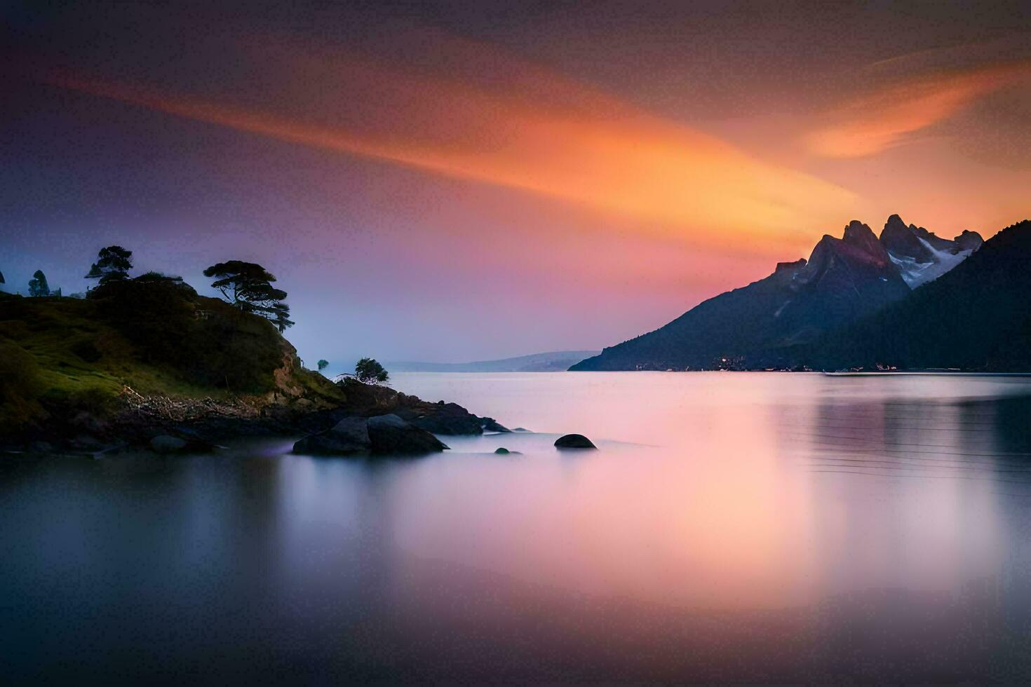 a pôr do sol sobre a montanhas e água. gerado por IA foto