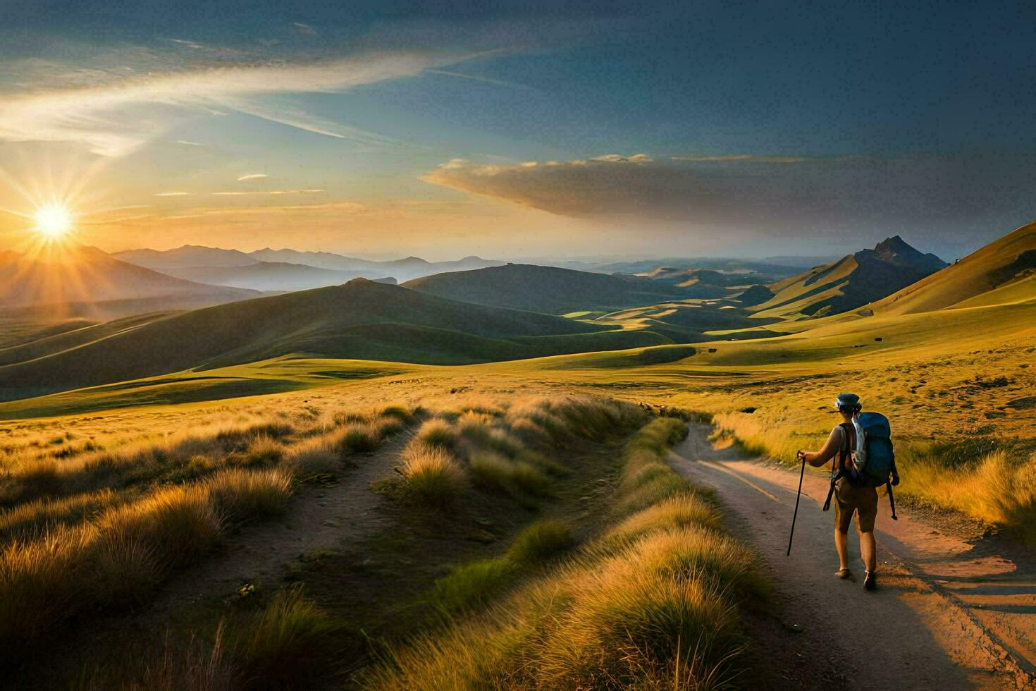 uma homem anda em em uma caminho dentro a montanhas. gerado por IA foto