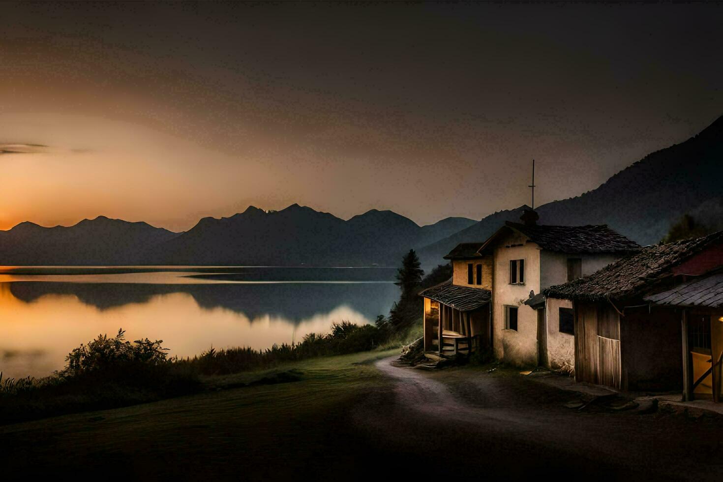 uma casa senta em a lado do uma lago às pôr do sol. gerado por IA foto