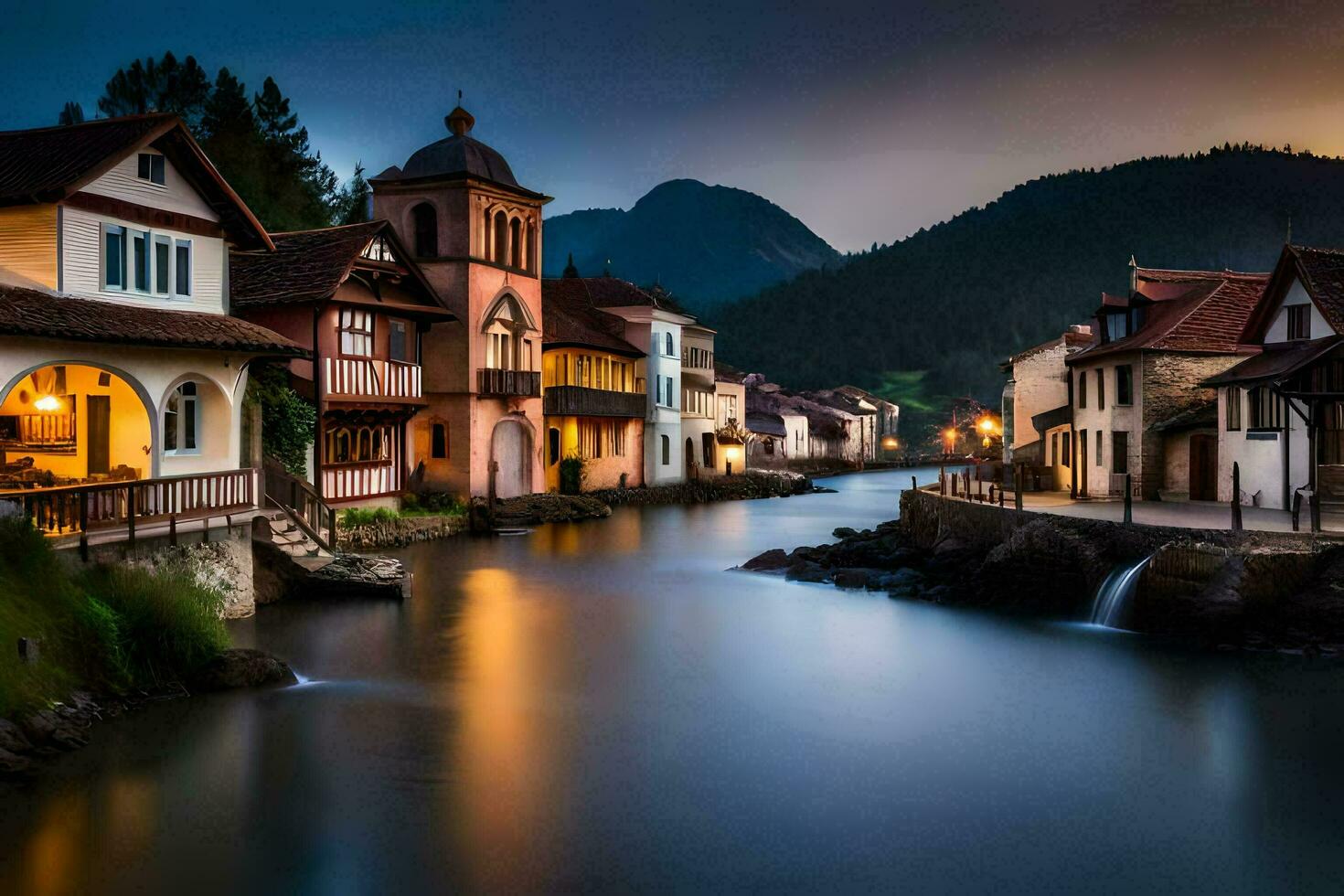 uma rio corre através uma Cidade às crepúsculo. gerado por IA foto