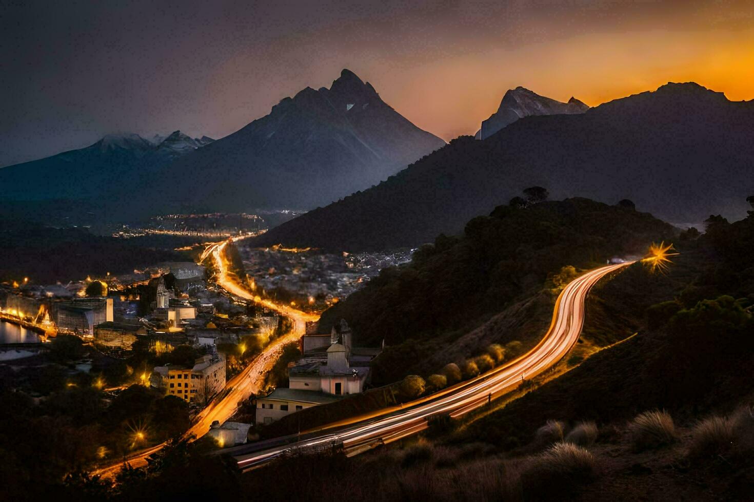 uma cidade e montanhas às crepúsculo. gerado por IA foto