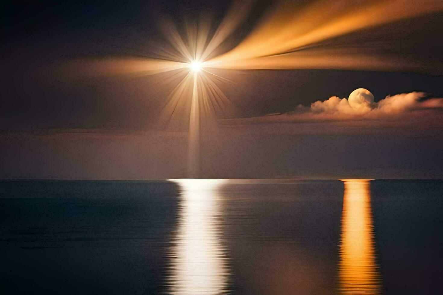 a lua e a Sol sobre a oceano. gerado por IA foto