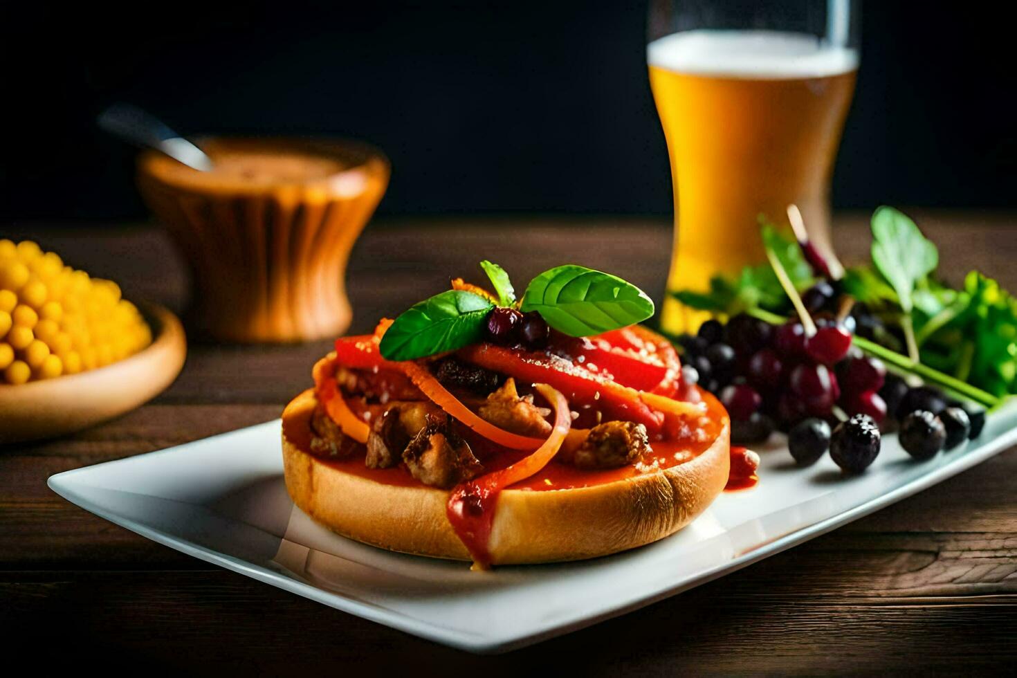 uma sanduíche com carne e legumes em uma branco prato com uma vidro do cerveja. gerado por IA foto