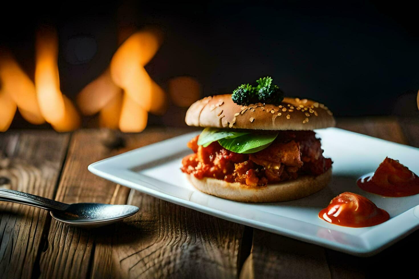 uma Hamburger com tomate molho em uma placa. gerado por IA foto