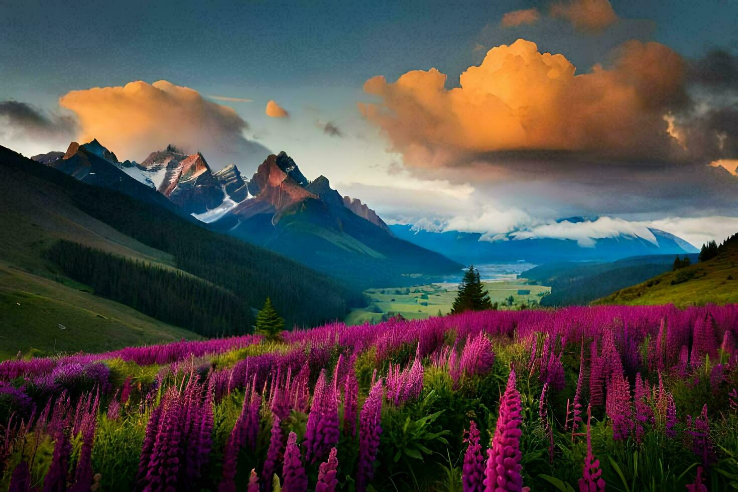 a montanhas estão coberto dentro roxa flores e a céu é preenchidas com nuvens. gerado por IA foto