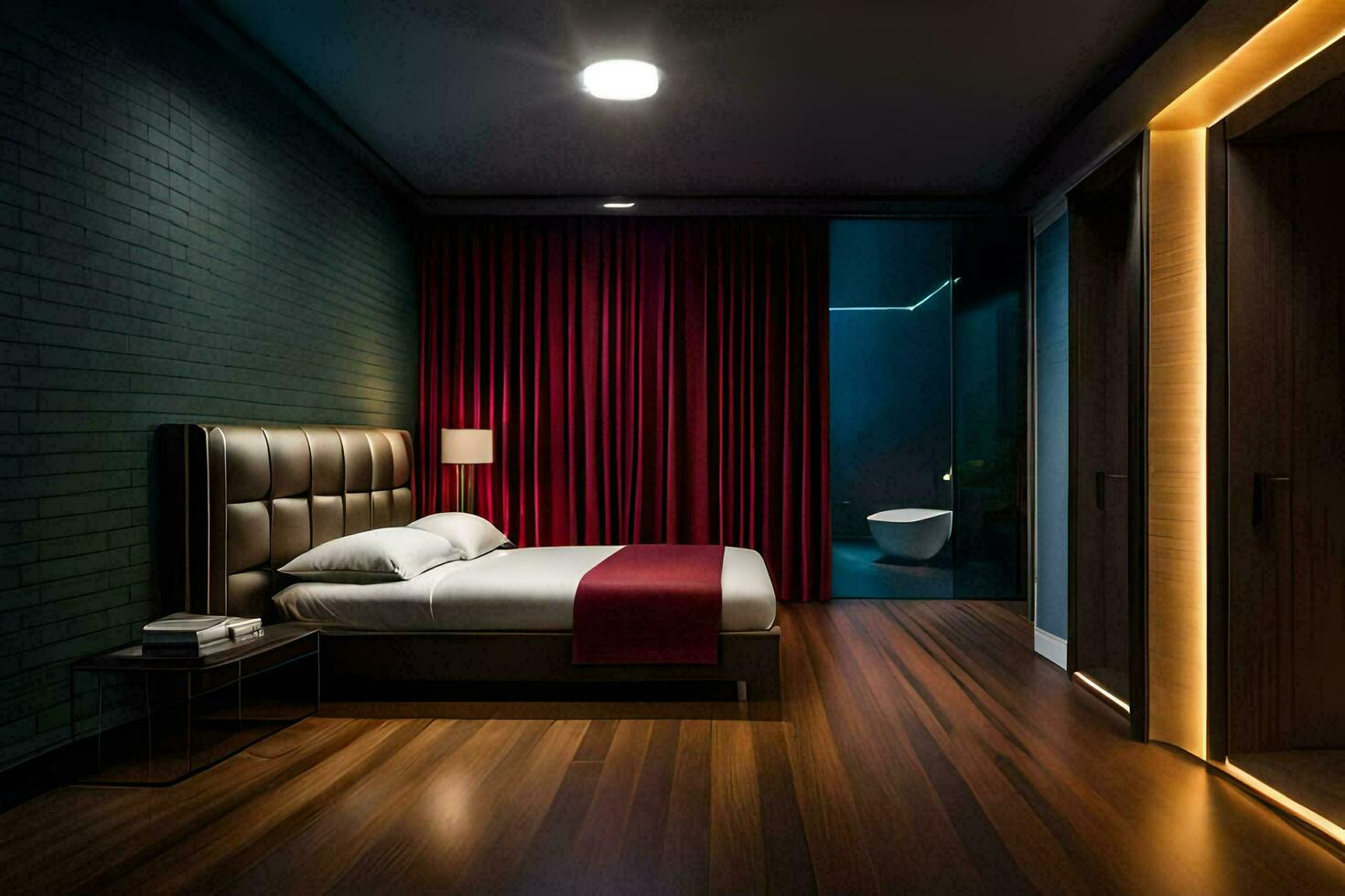 uma quarto com uma cama, uma mesa de cabeceira e uma banheiro. gerado por IA foto