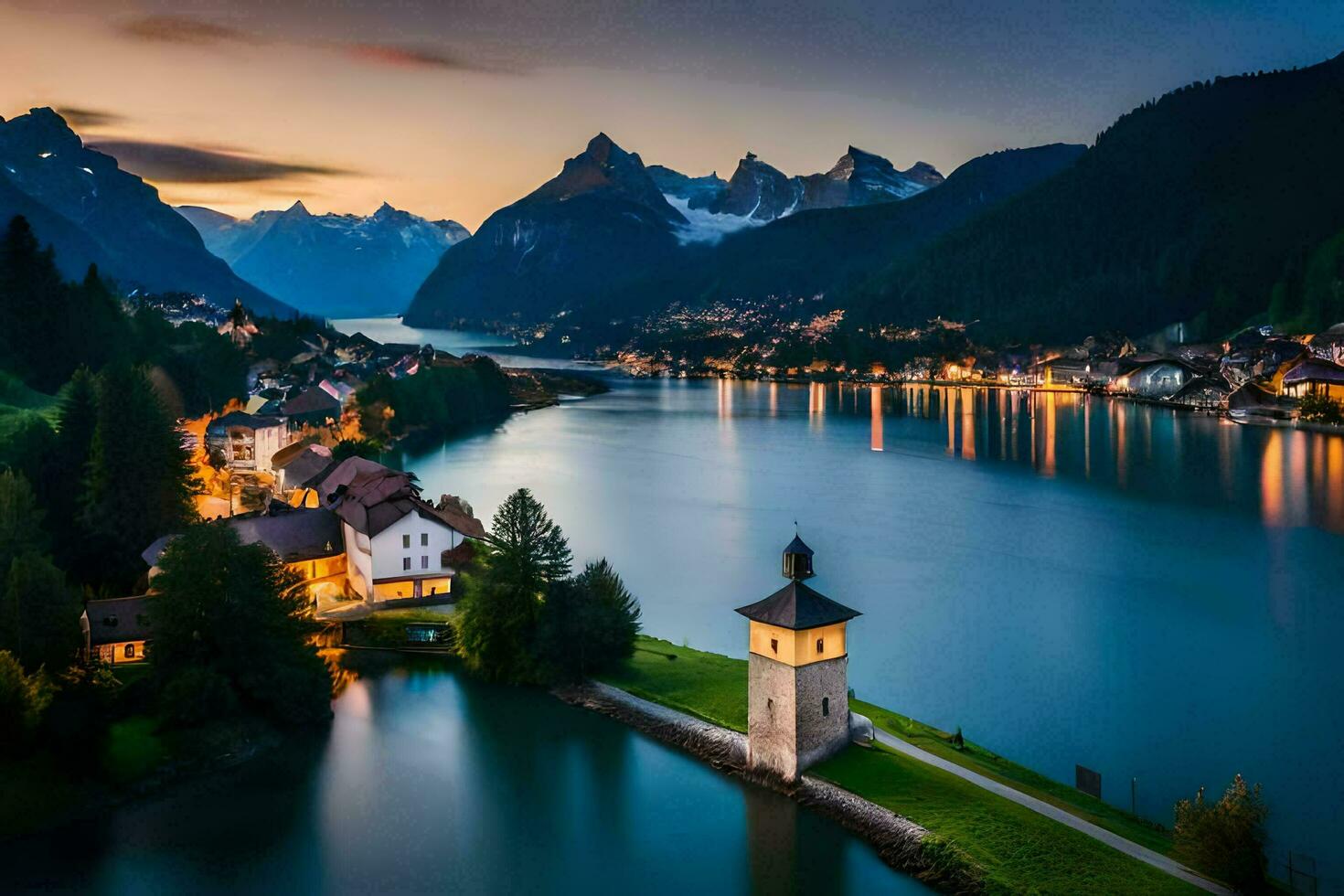 uma Cidade senta em a Beira do uma lago às crepúsculo. gerado por IA foto