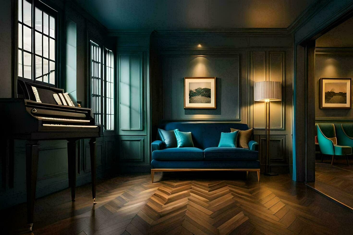 uma quarto com azul paredes e uma piano. gerado por IA foto