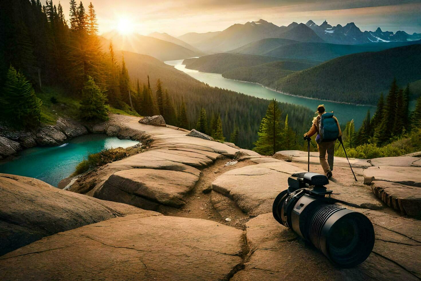 uma fotógrafo leva uma foto do a pôr do sol sobre a montanhas. gerado por IA