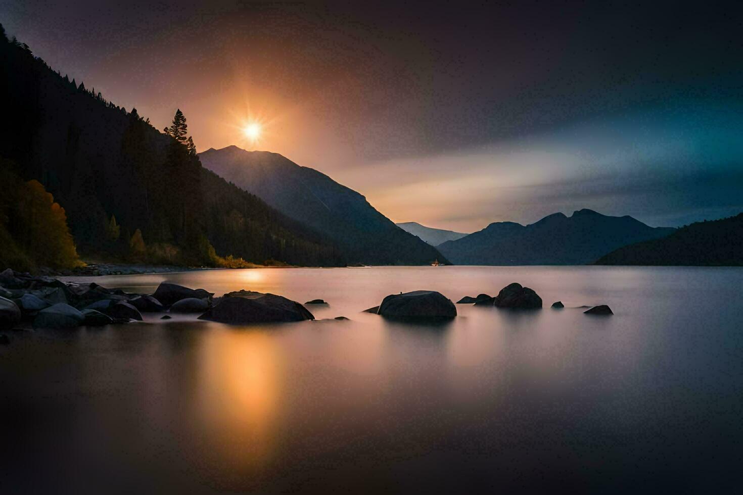 a Sol conjuntos sobre uma lago e montanhas. gerado por IA foto