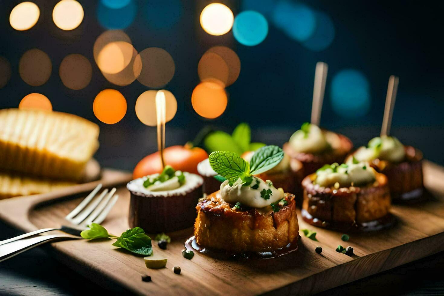 pequeno aperitivos em uma de madeira borda com palitos de dente. gerado por IA foto