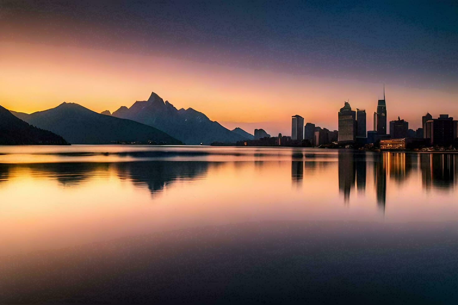 a cidade Horizonte é refletido dentro a água às pôr do sol. gerado por IA foto