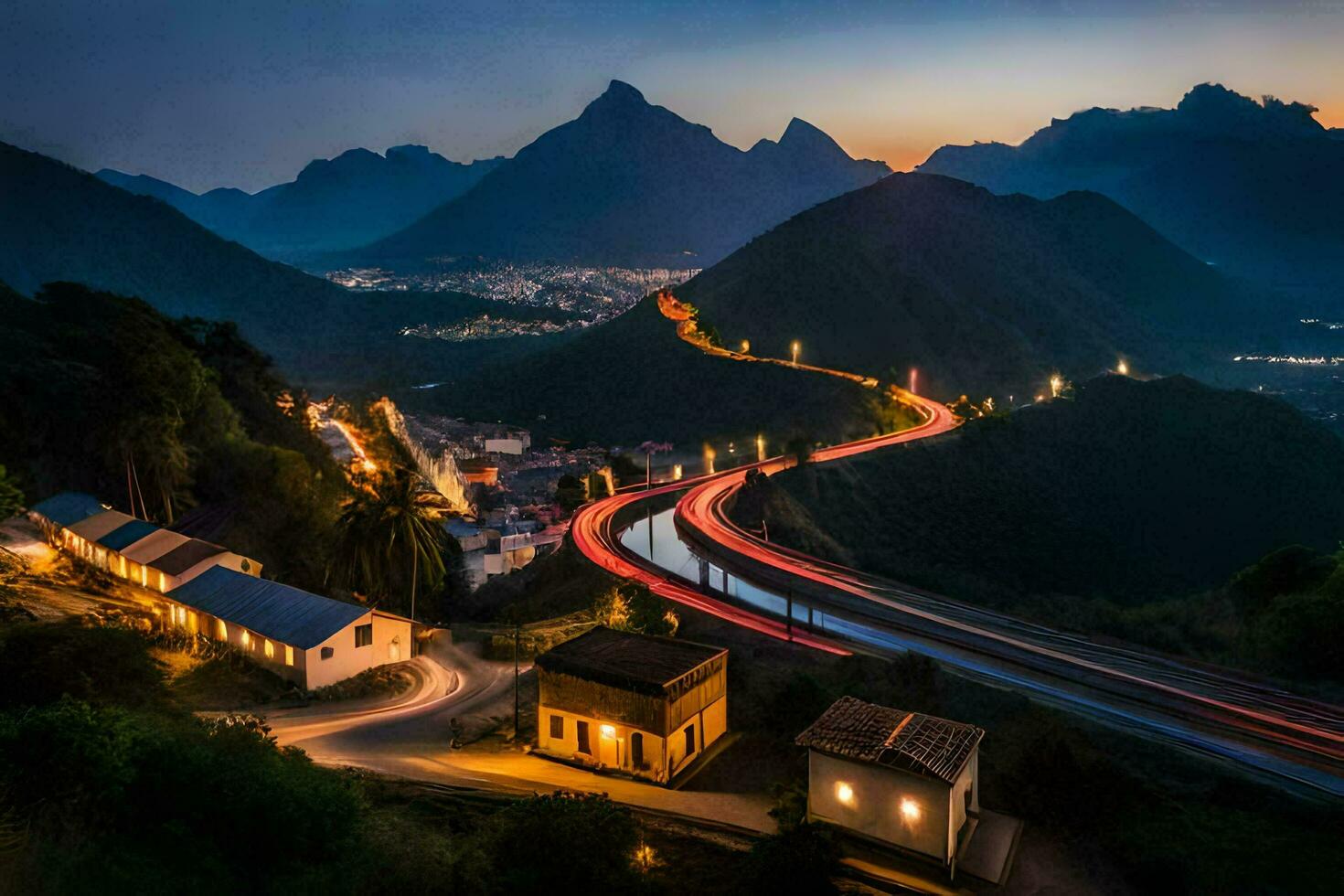 uma Visão do uma montanha Cidade às noite com uma estrada enrolamento através isto. gerado por IA foto