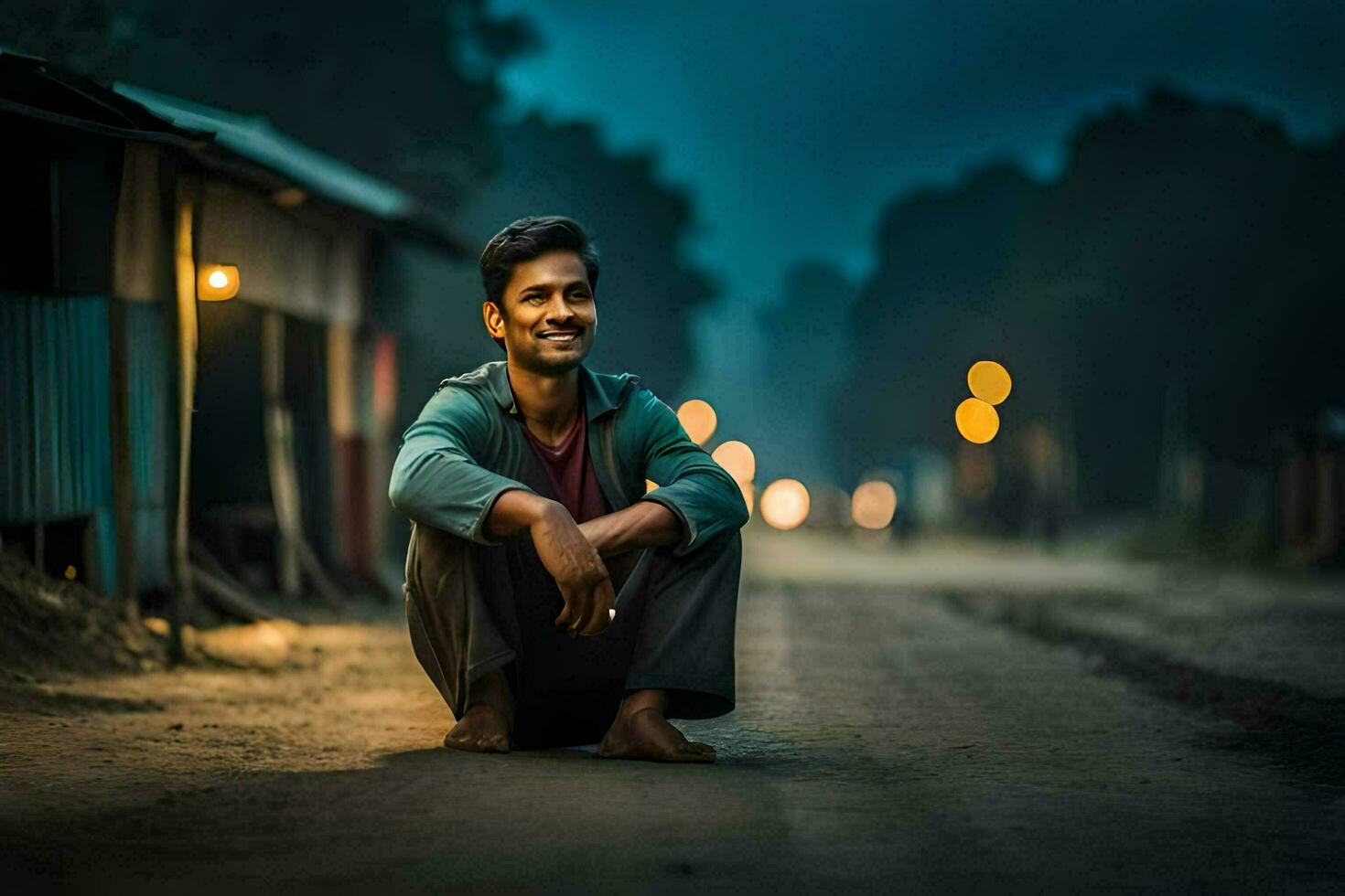 uma homem sentado em a estrada às noite. gerado por IA foto