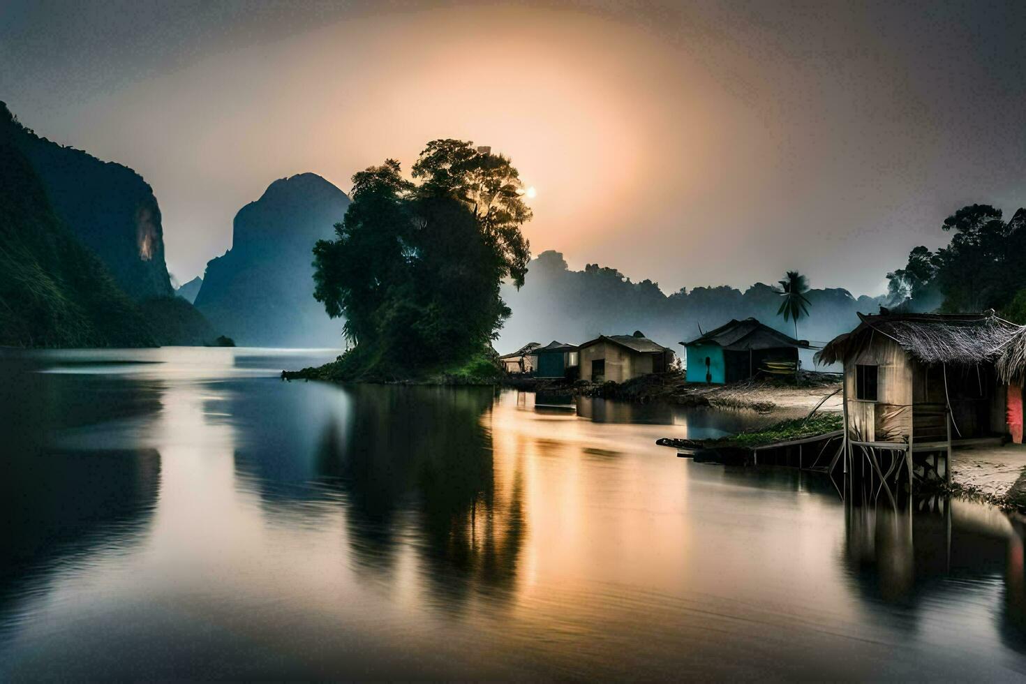 a Sol conjuntos sobre uma rio e alguns cabanas. gerado por IA foto