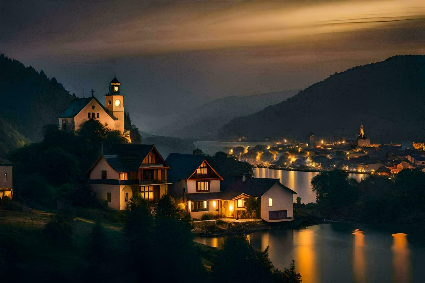 foto papel de parede a céu, noite, montanhas, água, Vila, Alemanha, Áustria. gerado por IA