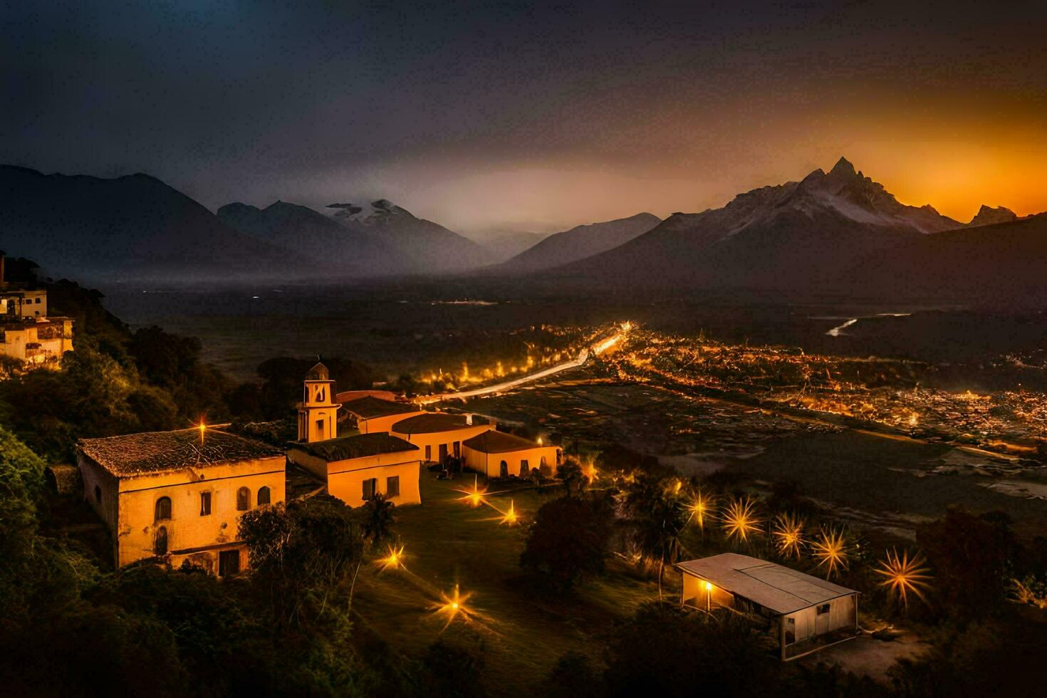 uma Vila dentro a montanhas às noite. gerado por IA foto