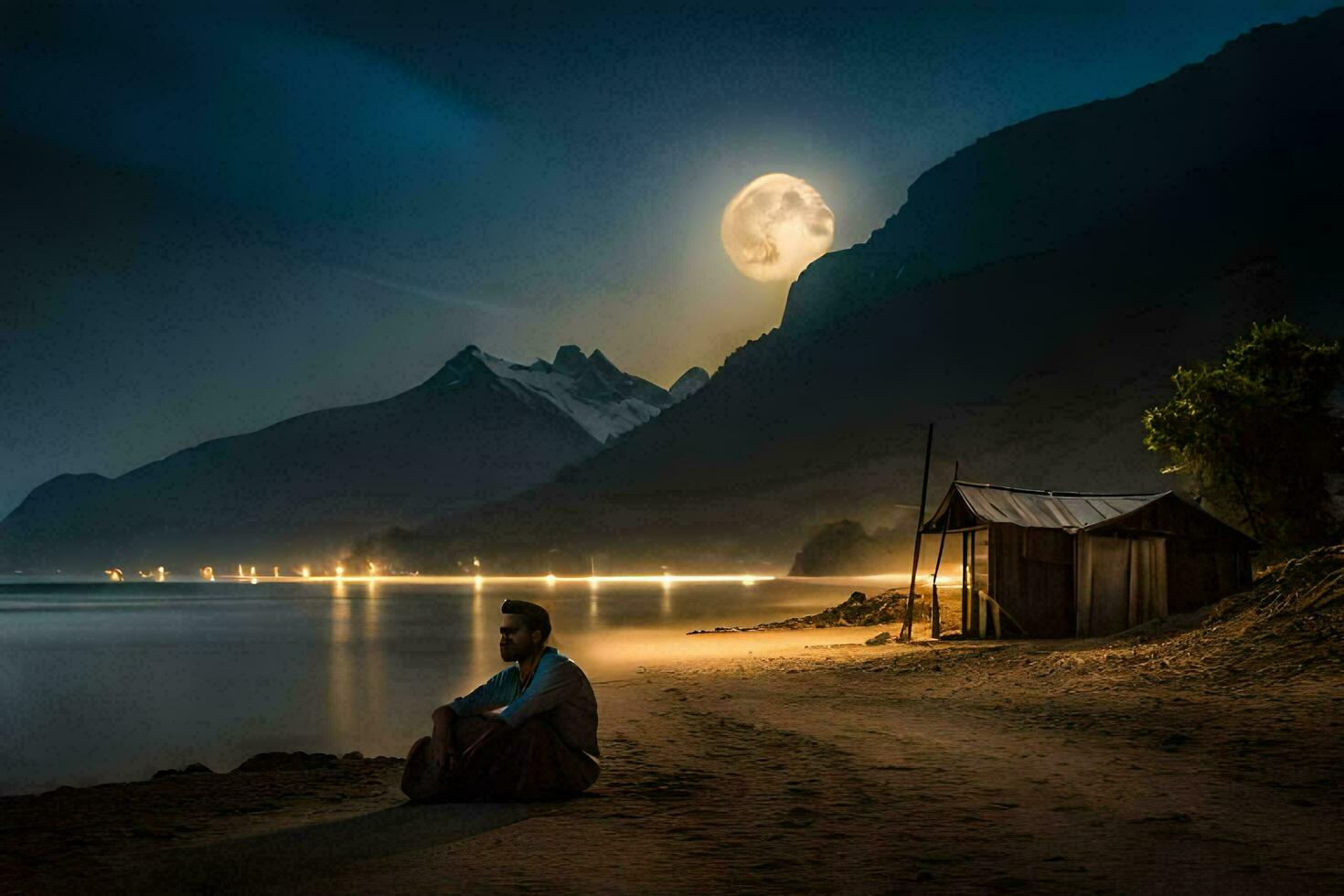 uma homem sentado em a de praia às noite com uma cheio lua. gerado por IA foto