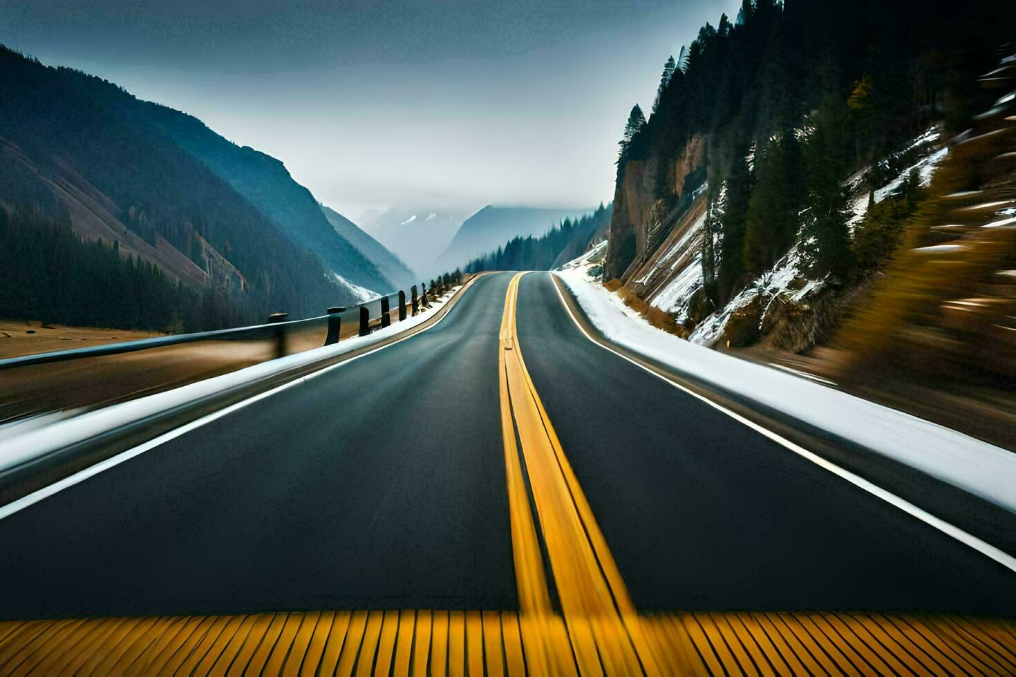 uma estrada dentro a montanhas com neve e montanhas dentro a fundo. gerado por IA foto