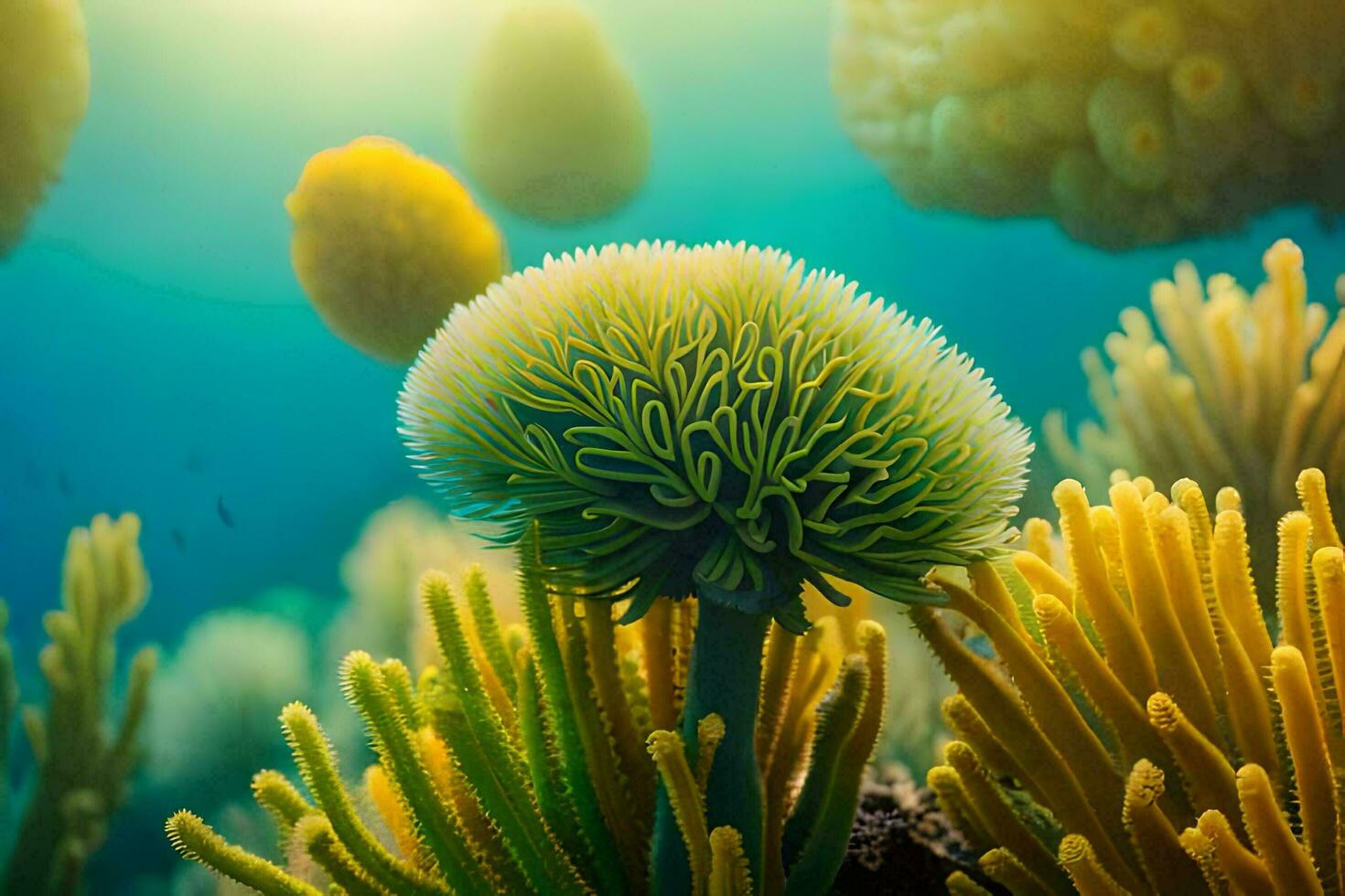 uma coral recife com muitos diferente tipos do mar anêmonas. gerado por IA foto