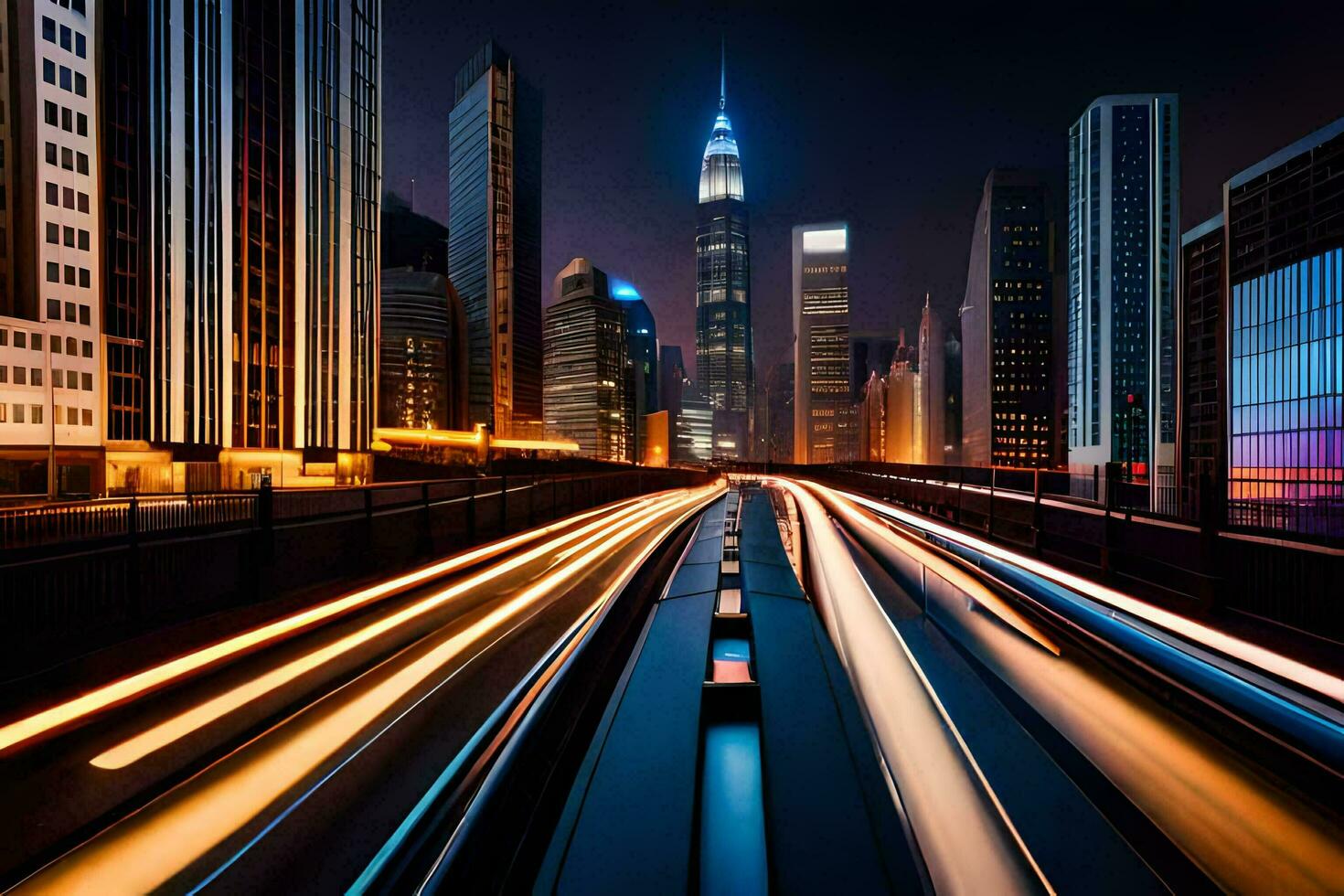 uma cidade às noite com luzes em a autoestrada. gerado por IA foto