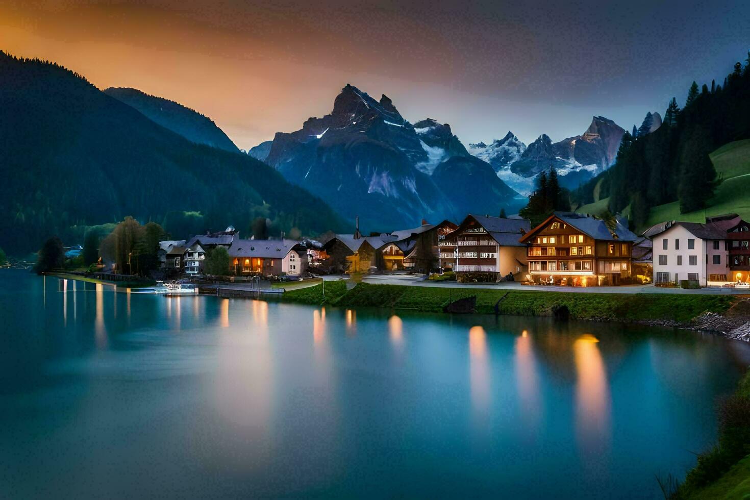 uma lago e montanha Cidade às crepúsculo. gerado por IA foto