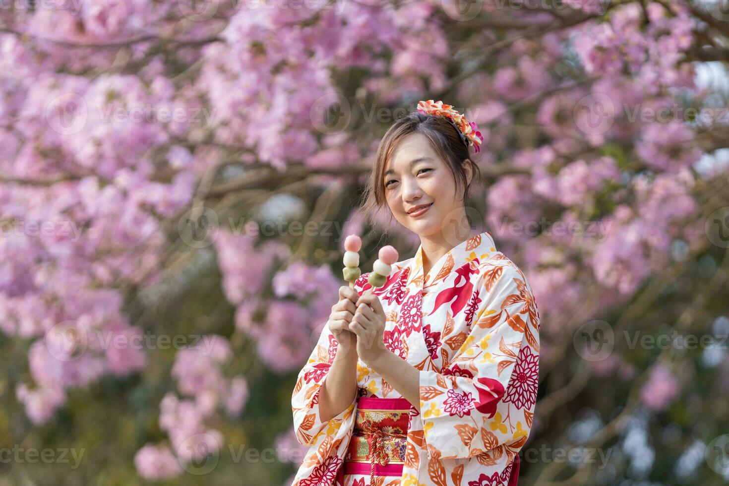 japonês mulher dentro tradicional quimono vestir segurando doce hanami dango sobremesa enquanto caminhando dentro a parque às cereja Flor árvore durante Primavera sakura festival foto