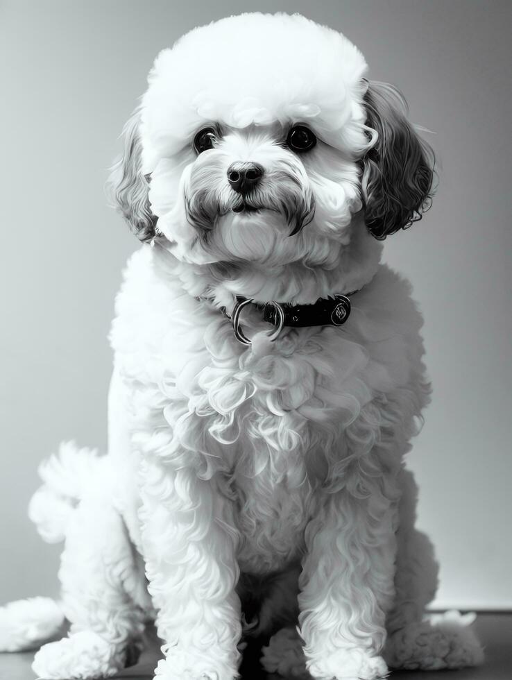 feliz cachorro bichon frise Preto e branco monocromático foto dentro estúdio iluminação