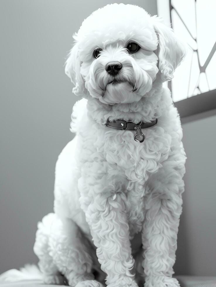 feliz cachorro bichon frise Preto e branco monocromático foto dentro estúdio iluminação