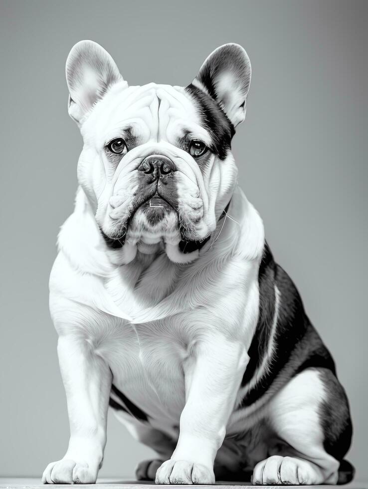 feliz cachorro buldogue Preto e branco monocromático foto dentro estúdio iluminação