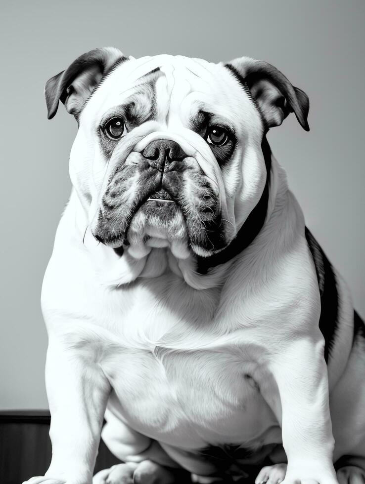 feliz cachorro buldogue Preto e branco monocromático foto dentro estúdio iluminação