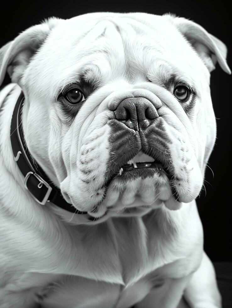 feliz cachorro buldogue Preto e branco monocromático foto dentro estúdio iluminação
