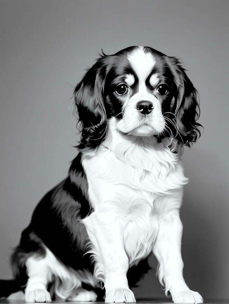 feliz descuidado rei Charles spaniel cachorro Preto e branco monocromático foto dentro estúdio iluminação