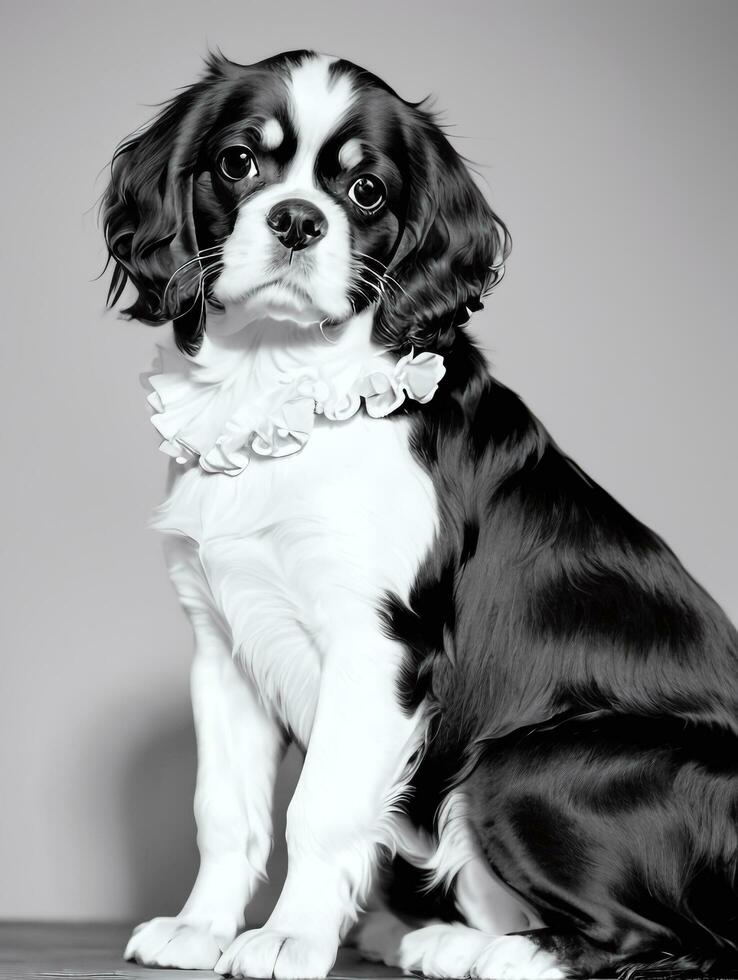 feliz descuidado rei Charles spaniel cachorro Preto e branco monocromático foto dentro estúdio iluminação