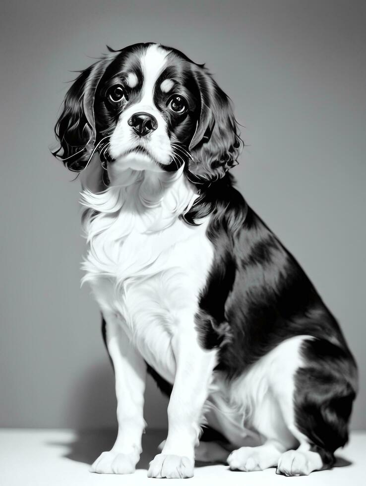 feliz descuidado rei Charles spaniel cachorro Preto e branco monocromático foto dentro estúdio iluminação