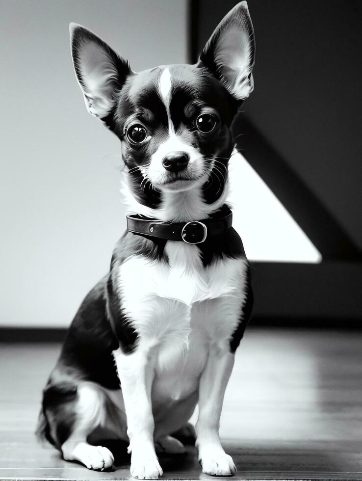 feliz chihuahua cachorro Preto e branco monocromático foto dentro estúdio iluminação