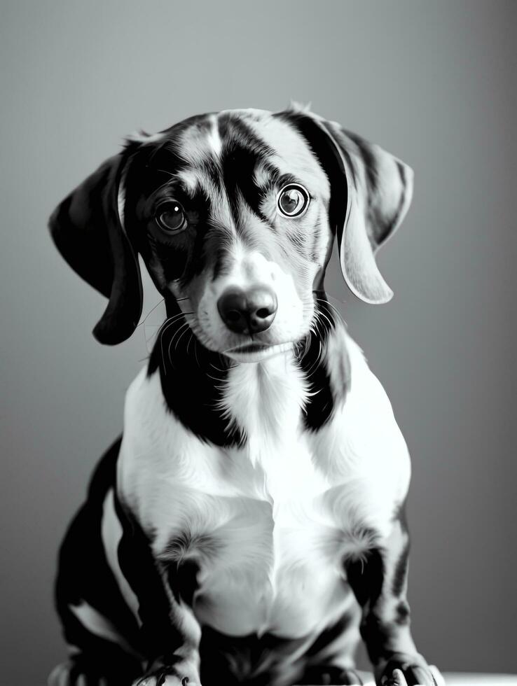 feliz dachshund cachorro Preto e branco monocromático foto dentro estúdio iluminação